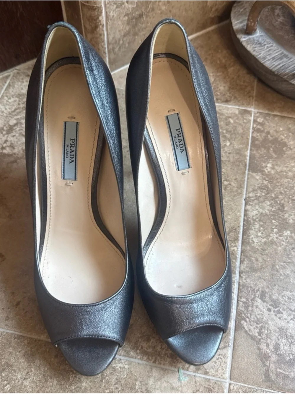 Prada Metallic Charcoal Peep-Toe Heels